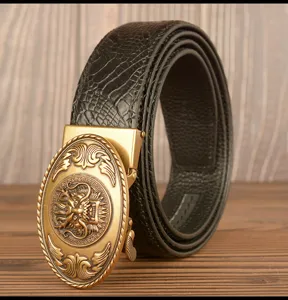 Men's genuine leather belt with ornate retro dragon automatic buckle for casual business wear.