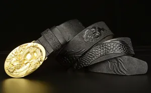 Men's leather belt with gold dragon buckle, embossed dragon pattern casual cowhide waist belt.