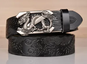 Men's genuine leather automatic buckle belt featuring vintage embossed dragon pattern style.