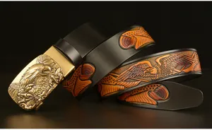 Retro carved cowhide leather belt for men with eagle automatic buckle casual jeans waist belt
