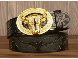 Men's leather belt with gold bull buckle, stylish automatic buckle cowhide pants strap.