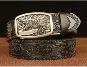 Men's leather belt with metal eagle automatic buckle and scroll embossed design for casual wear.