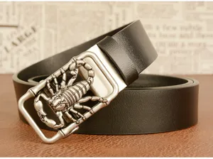 Men vintage leather belt with metallic 3d scorpion automatic buckle casual trousers accessory