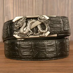 Men's retro leather belt with dragon automatic metal buckle top layer cowhide casual jeans