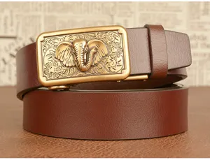 Men's brown leather belt with gold tone elephant embossed automatic buckle, stylish casual accessory.