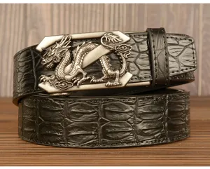 Men's black crocodile pattern cowhide leather belt with metallic dragon automatic buckle detail.