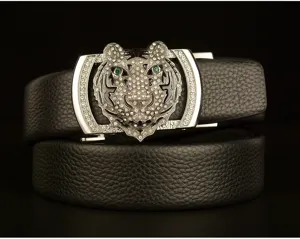 Close-up detail of luxury men rhinestone tiger head automatic buckle black genuine leather belt