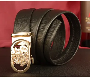 Men black genuine leather belt with luxury gold automatic metal dragon buckle for business casual.