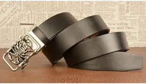 Men's black leather belt with unique metal scorpion automatic buckle, casual fashion.