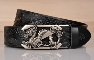 Detailed view of men leather belt with exquisite silver dragon buckle and embossed pattern.