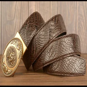Detail view of men's genuine leather belt featuring embossed crocodile pattern and golden dragon buckle.