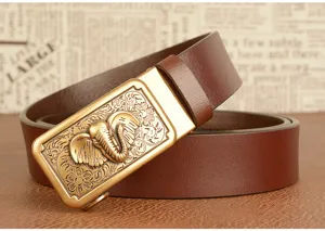 Brown leather belt for men with golden elephant embossed automatic buckle stylish casual trouser belt