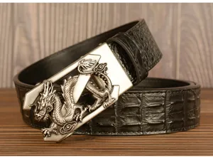 Men's leather belt with crocodile pattern and detailed dragon metal auto buckle for daily wear.