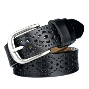 Women black leather belt with hollow floral pattern and silver pin buckle accessory