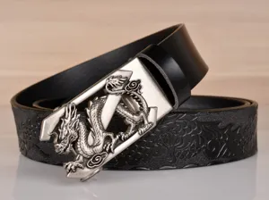 Men's leather automatic buckle belt with embossed dragon pattern retro design casual jeans belt.