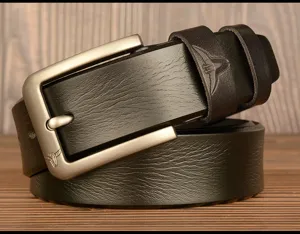 Men's genuine leather casual belt with metal pin buckle and bull head embossing black trouser belt