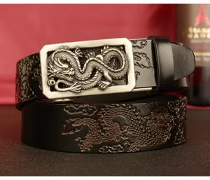 Men's leather belt with dragon automatic buckle embossing embossing casual business black cowhide strap.