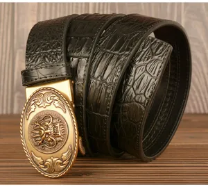 Men's black leather belt featuring a detailed gold dragon buckle and stylish crocodile pattern.