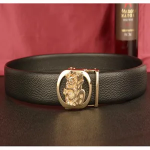Men's genuine leather belt with metallic automatic dragon fu buckle, stylish casual design.