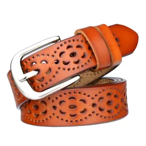 Women leather belt casual cutout cowhide fashion metal pin buckle trousers decorative