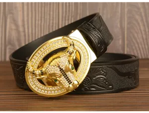 Men leather belt with rhinestone bull buckle, automatic metal clasp, casual fashion design.