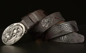 Men's retro dragon carved cowhide leather belt with metallic buckle casual jeans accessory