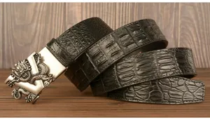 Herren schwarzer Kroko-Muster Ledergürtel mit Vintage Drachen V Metall Automatikschließe.