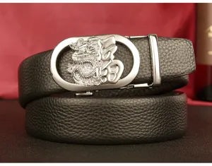 Detailed view of men's leather belt with dragon and fortune buckle design, premium cowhide.
