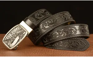 Men's automatic buckle leather belt with embossed vintage scroll pattern and metallic eagle buckle
