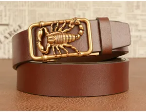 Men's leather belt with stylish scorpion buckle, casual automatic brown cowhide belt for men.
