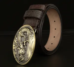 Men vintage cowhide leather belt with retro brass dragon relief buckle casual jeans belt