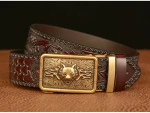 Men casual leather belt with wolf head metal automatic buckle and embossed strap