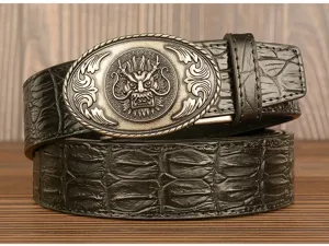 Retro men's cowhide leather belt with dragon metal buckle and black crocodile texture.