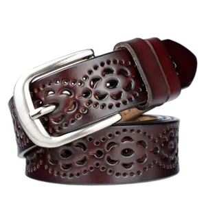 Women genuine leather casual hollow-out waist belt with stylish silver pin buckle for daily wear