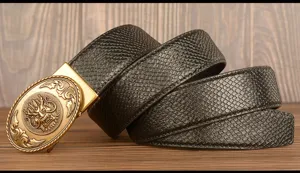 Men retro automatic buckle leather belt with dragon metal buckle and python pattern strap