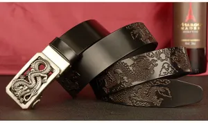 Men black genuine leather belt with embossed dragon pattern and metal automatic buckle.