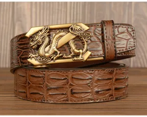 Men's automatic leather belt with crocodile pattern and stylish dragon buckle for casual wear.