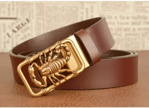 Men's leather belt with metallic scorpion buckle, casual brown leather waist strap detail view.