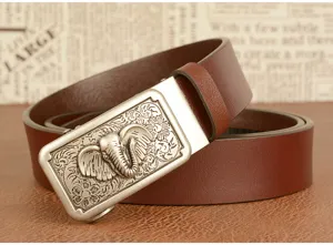 Detail view of men's brown leather belt featuring a detailed silver elephant embossed buckle.