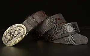 Men's leather belt with dragon buckle and embossed dragon scale pattern for casual jeans.