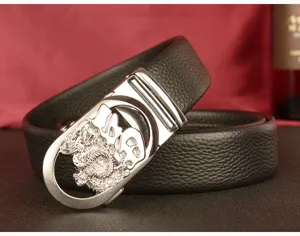 Men black genuine leather belt with silver automatic metal dragon buckle casual fashion accessories