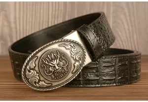 Detailed shot of retro dragon buckle men leather belt with embossed crocodile pattern texture.