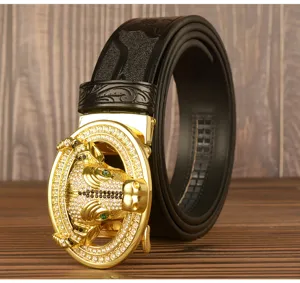 Men's genuine leather belt with gold rhinestone bull head automatic buckle waist belt