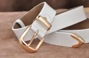 Women white leather belt with gold metal buckle and tip casual waist belt for jeans
