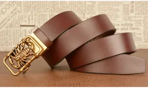 Men's brown leather belt with scorpion automatic buckle detailed shot for casual wear