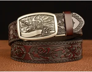 Men's automatic buckle leather belt with vintage embossed strap and metallic eagle buckle.