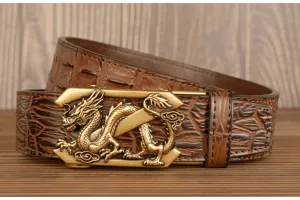 Men's leather belt with detailed dragon metal automatic buckle and stylish crocodile pattern.