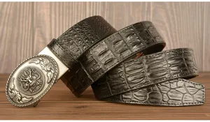 Men's black crocodile pattern cowhide leather belt with vintage dragon automatic metal buckle.