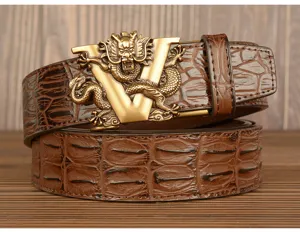 Herren Vintage Kroko Muster Ledergürtel mit Drachen Metall Automatikschließe für Männer