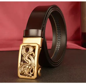 Men's leather belt with gold dragon automatic buckle, premium cowhide strap for business.
